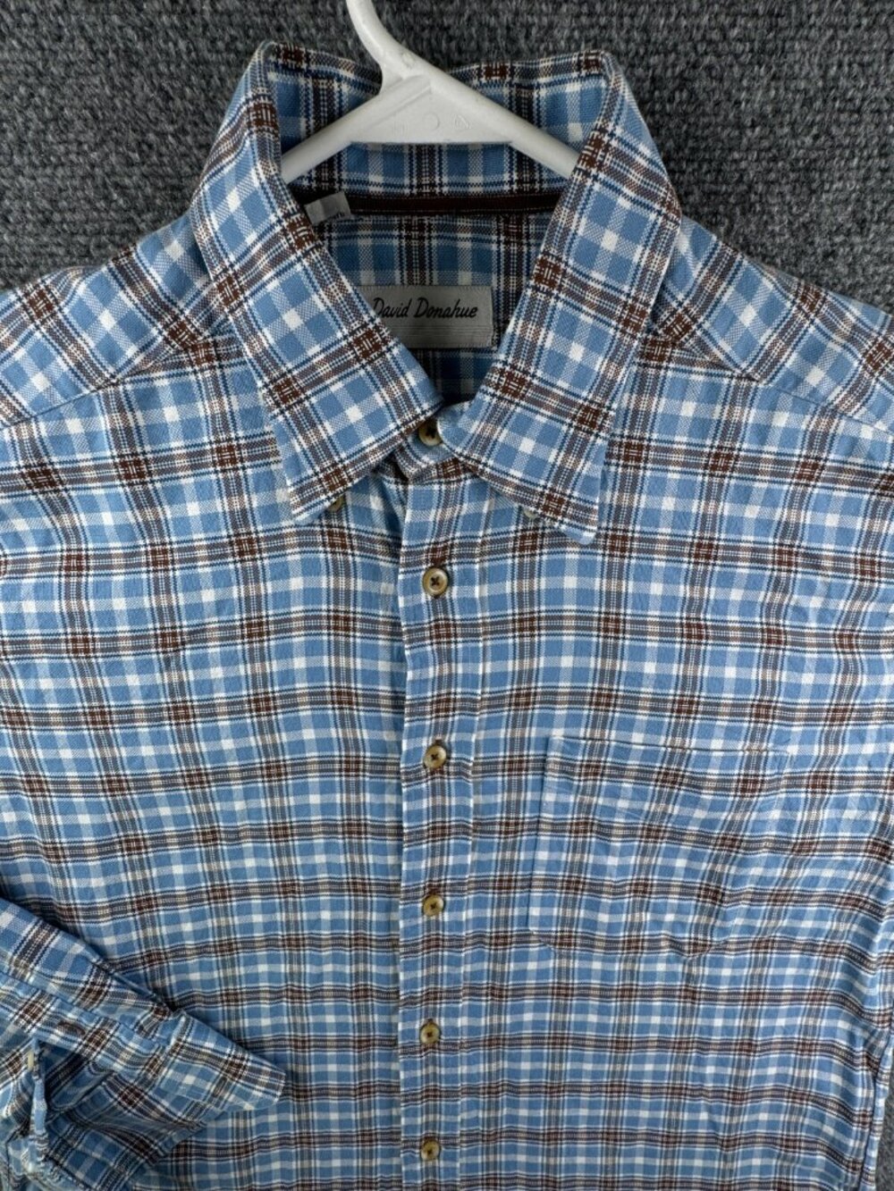 David Donahue Long Sleeve Button Up Shirt Cotton Blue Brown Plaid Medium Soft